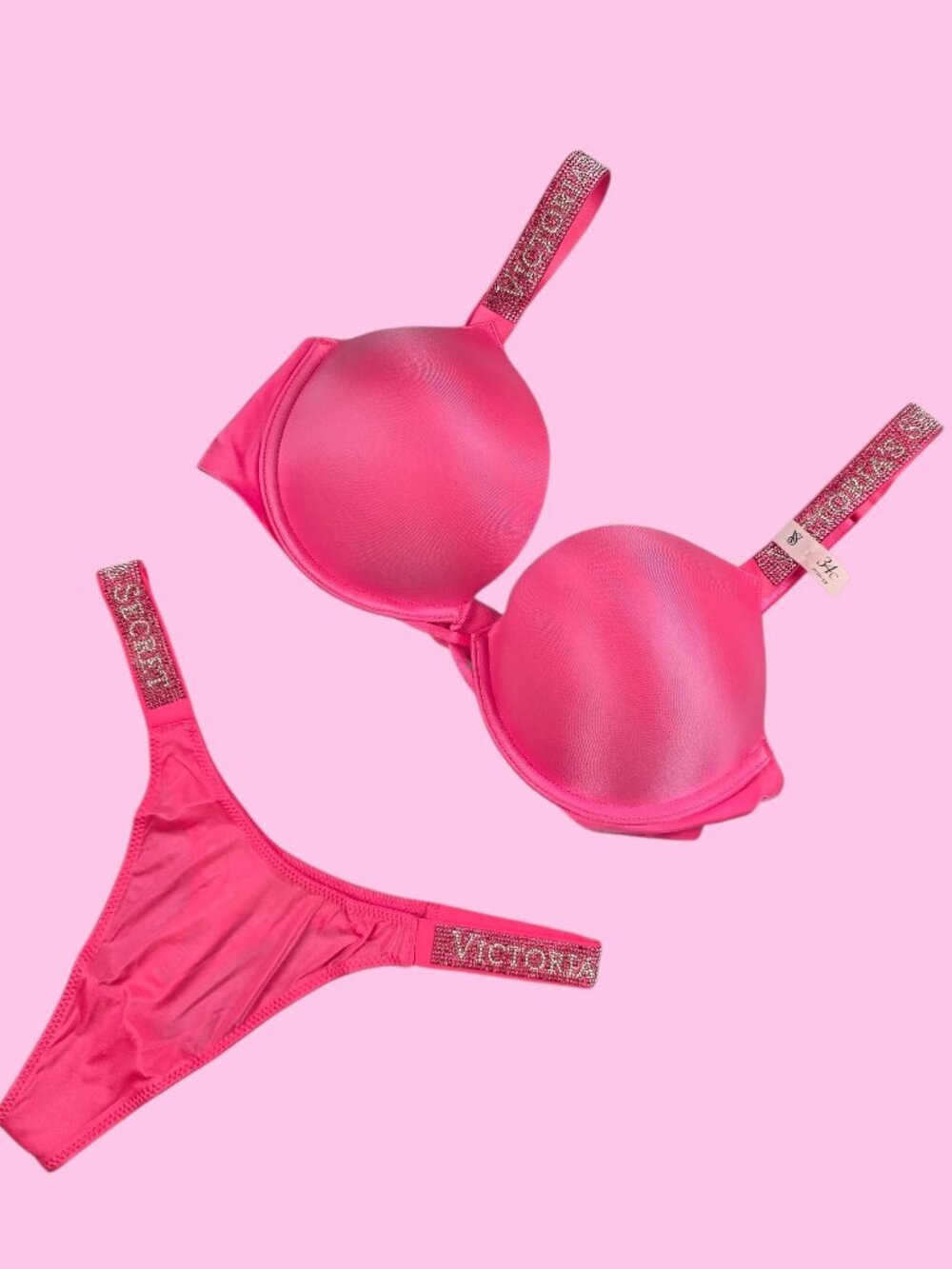 Victoria's Secret Shine Strap Bombshell Push Up Bra Thong Set Pink NWT
